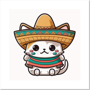 Cute Cat Wearing a Sombrero Hat Posters and Art